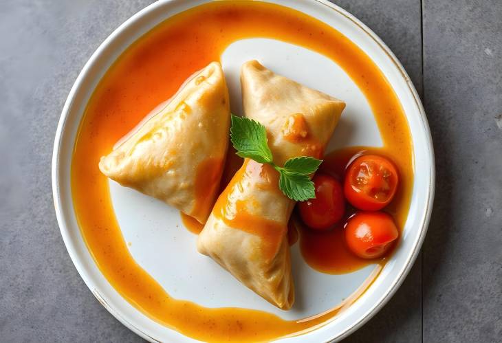 Rustic Samosas Served with Sauce and Tomatoes